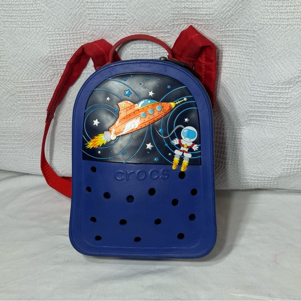 Crocs Blue Kids Space MiniBackpack White & Black Zipper Red Strap Astronaut